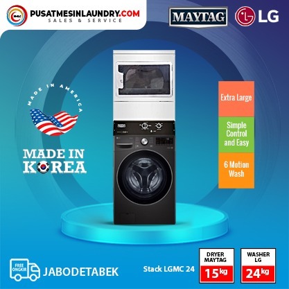 Stack Washer LG 24 Kg & Dryer Maytag 15 Kg Tipe Gas - Stack LGM24