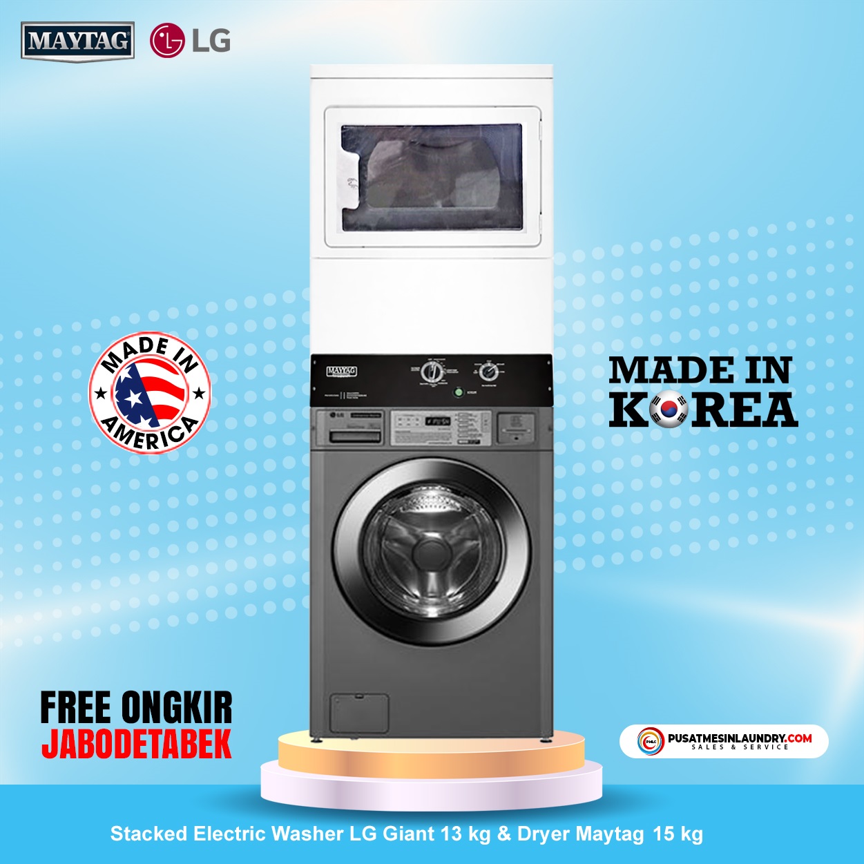 Stack Washer LG Giant Max & Dryer Maytag 15 Kg MDG20 Tipe Gas